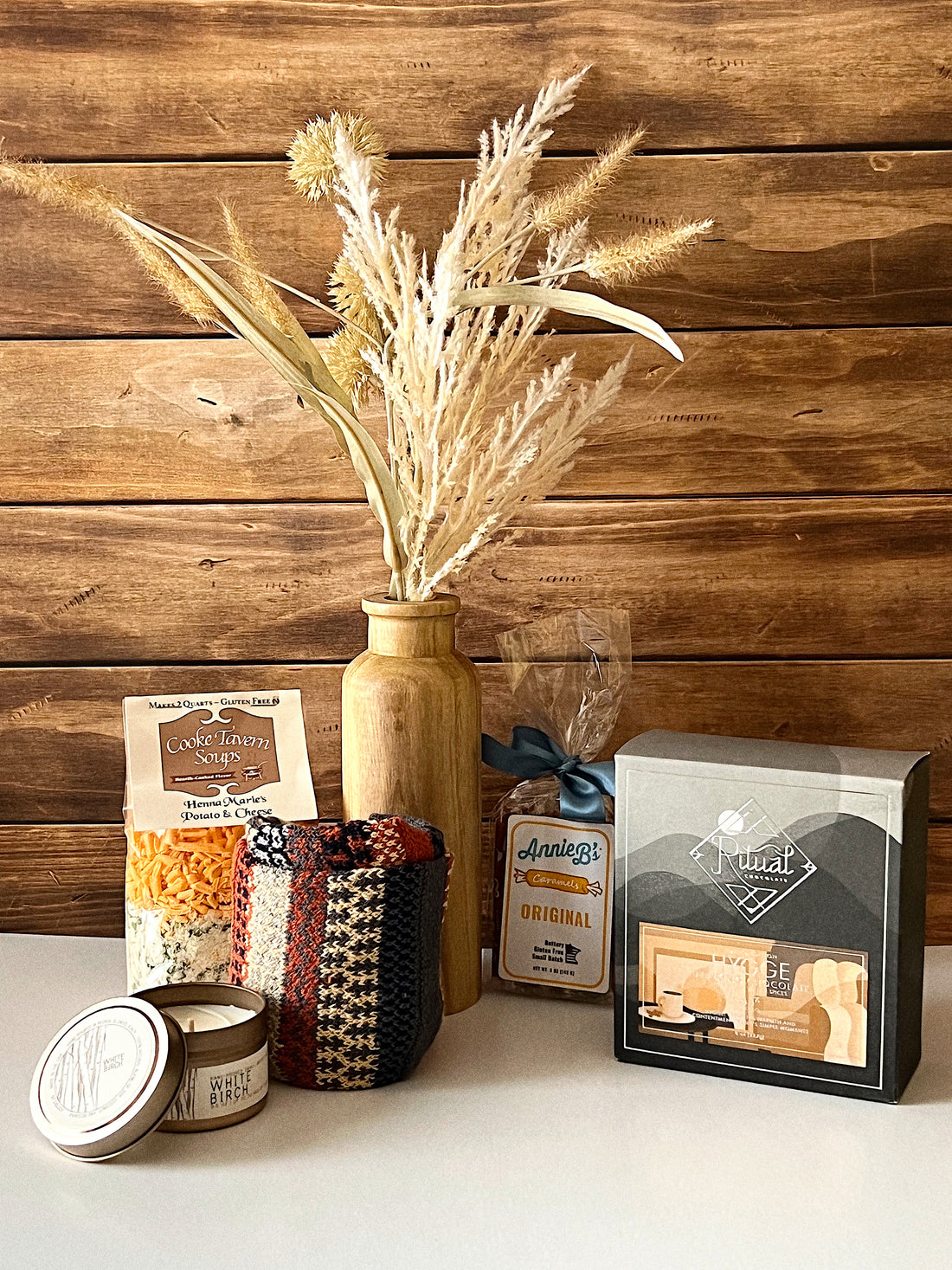 Thinking of You Crate featuring comforting potato cheese soup mix, cozy knit socks, a white birch candle, Annie B&